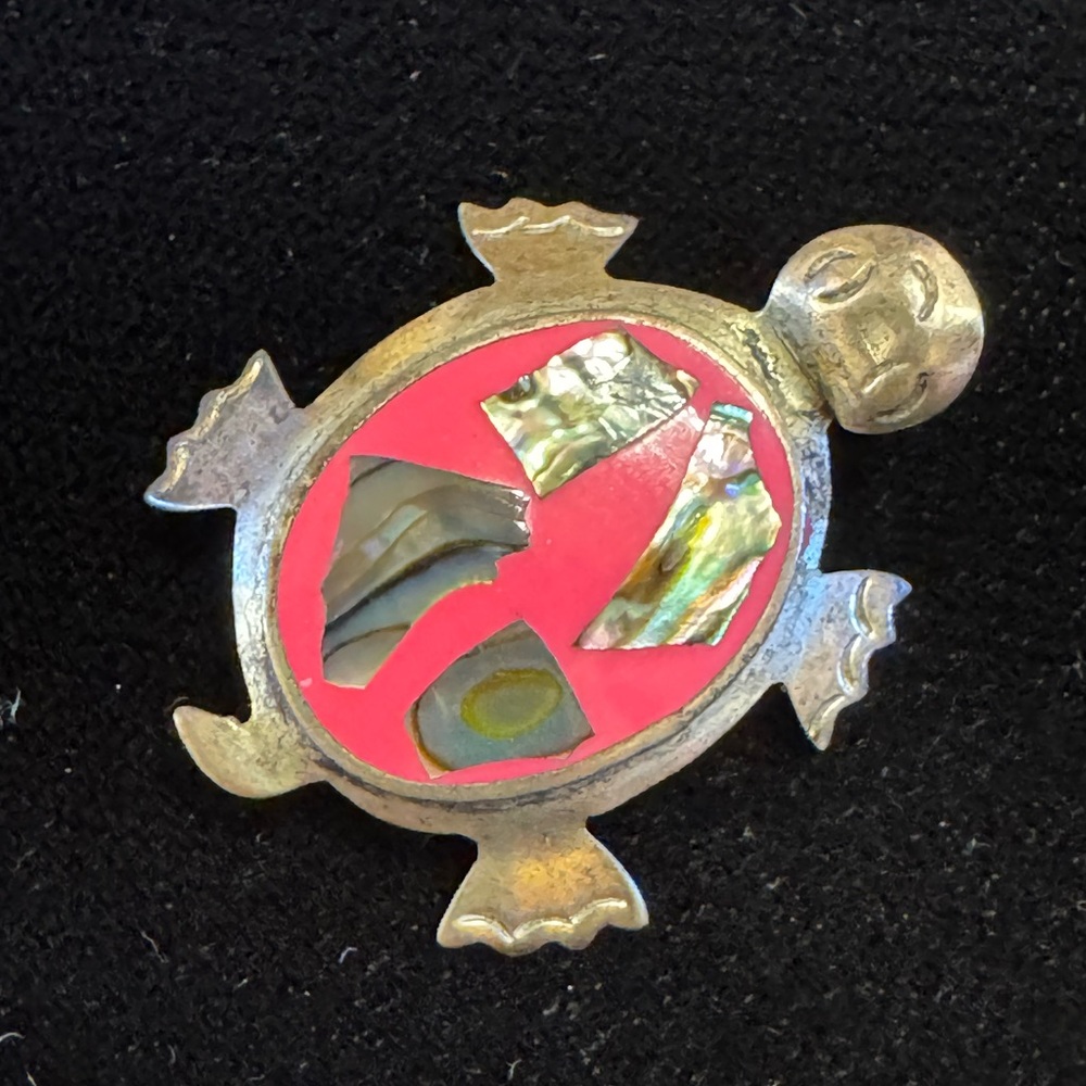Vintage Mexico alpaca silver tone mother of pearl and pink tortoise pin